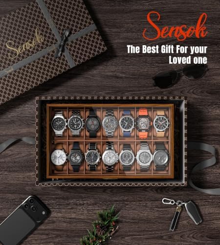 Watch Case Box for Men - Ultra-thin Frame Wide Display 14 Slots 2-Layer Wooden Grain Watch Sunglass Storage Organizer, Real Glass Lid Display Case Gift for Dad Husband - Image 7