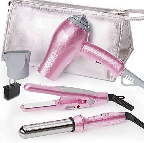 DAN Technology Hair Styling Set, Including Travel Hair Dryer, Mini Flat Iron, and Travel Curling Iron with European Plug, Dual Voltage, Portable Storage Bag, Pink by DANTECHNOLOGY