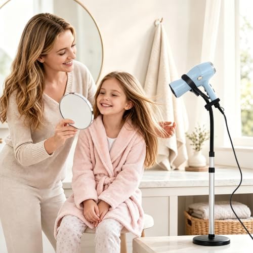 Erytlly Hair Dryer Stand Hands Free 360-Degree Rotating 2 Heads Adjustable Height Metal Hair Dryer Holder Blow Dryer Holder About for 0.5kg Hair Dryer in Bathroom, Vanity, Makeup Room Basic New - Image 6