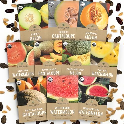 Organic Melon Seeds Variety Pack - 10 Individual Packs - 2026 Season - Sugar Baby, Charentais, Hearts of Gold and More! for Indoor & Outdoor Planting (Non-GMO, Certified Organic) by SweetYards