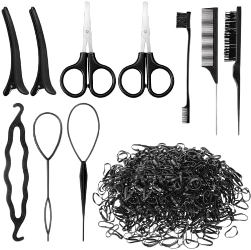 1000 Black Hair Rubber Bands with 10 Styling Tools, Small Elastic Ties by BESARME