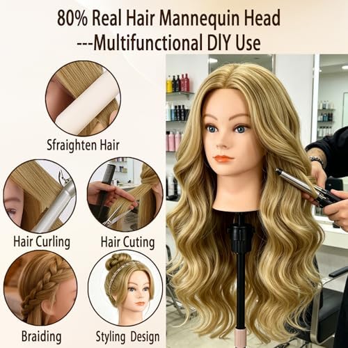 Mannequin Head with 80% Human Hair 26''Cosmetology Styling Training Head - Image 3