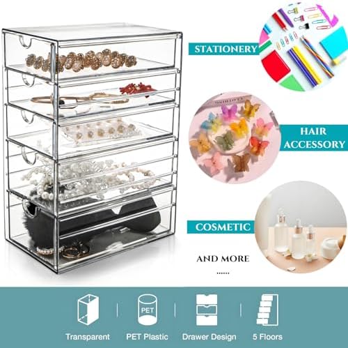 Hair Accessory Organizer, Plastic Clear Hair Tie Storage Box with 5 Drawers, Hair Accessories Container Makeup Organizer Jewelry Holder for Bathroom, Closet Desk, Office (Pack of 2) - Image 5