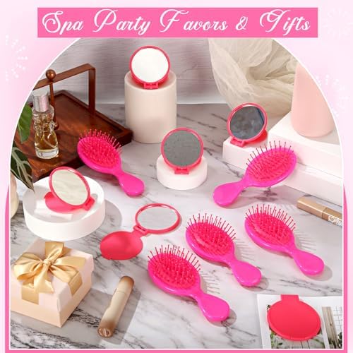 Meanplan 24 Pcs Mini Hair Brush Set 12 Travel Wet Dry Hair Combs Pocket Detangling 12 Compact Folding Makeup Mirror for Spa Sleepover Birthday Bridal Shower Bachelorette Christmas Party Gift(Rose Red) - Image 4
