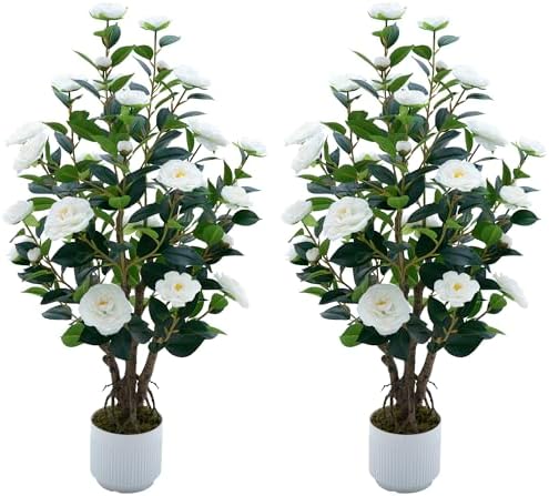 2 Pack Artificial Camellia Tree with White Pot, 38" Faux Potted Plants for Indoor Outdoor Decor, Tall Silk Greenery Plant for Home Offce Living Room Balcony, White by Jcezvnt