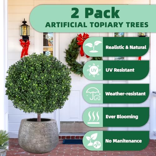 27.5" Artificial Boxwood Topiary Ball Tree, Set of 2 Fake Bushes Shrubs with Ground Spike, UV Resistant Faux Evergreen Boxwood Trees for Front Porch Planters Outdoor Garden Decor - Image 3