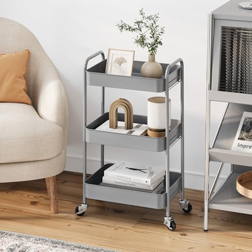 TOOLF 3 Tier Metal Rolling Cart, Utility Storage Cart with Wheels, Grey - Image 6