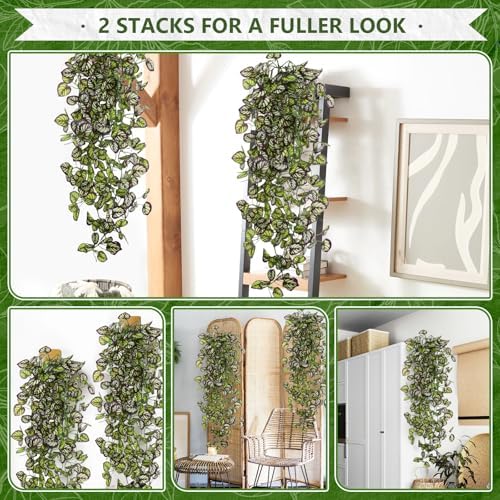 2-Pack Fake Hanging Plants, Faux Hanging Plant Artificial Greenery for Living Room Bedroom Boho Wall Shelf Indoor Outdoor Decor (Purple Feather Leaf) - Image 4