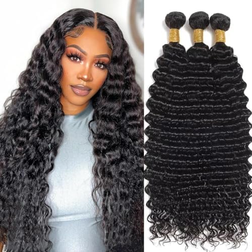 24 26 28 Inch Deep Wave Human Hair Bundles 100% Unprocessed Brazilian Virgin Hair, 3 Bundles, Deep Curly, Black,Sew-In Installation, Wavy Style Keep Texture Silky Soft by Cenglou