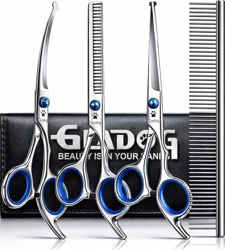 GLADOG Professional 5 in 1 Dog Grooming Scissors Set with Safety Round Tips, Sharp and Heavy-duty Pet Grooming Shears for Cats by GLADOG