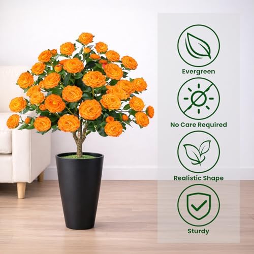 2 Pack 3FT Artificial Camellia Tree with Ground Spike, Full Bloom Fake Camellia Plant Outdoor, Dense Flower Artificial Trees for Front Porch Decor, Patio Garden Yard Decorations, Orange - Image 4