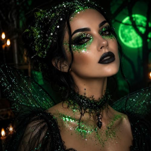 Green Hair Glitter Stick,Halloween Body Face Glitter,Green Spirit Day Accessories,Waterproof Green Holographic Glitter for Rave Singer Concert Party,Shimmer St Patrick's Day Outfit for Women - Image 5
