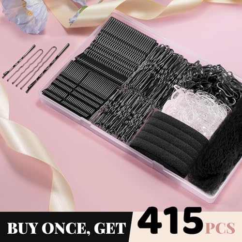 IKOCO 415pcs Bobby Pins Set, U Pins with Hair Ties and Hair Net, Black - Image 2