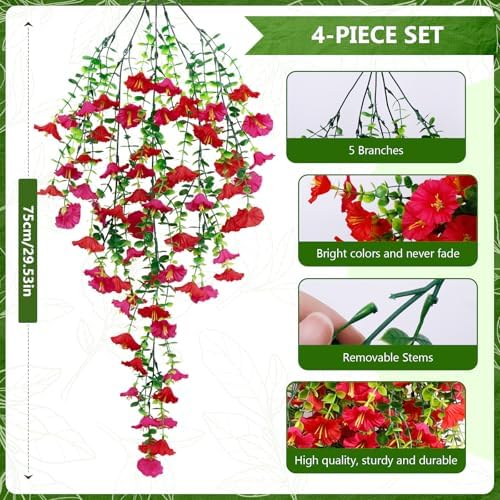 4-Pack Fake Hanging Plants, Faux Hanging Plant Artificial Greenery for Living Room Bedroom Boho Wall Shelf Indoor Outdoor Decor (Light Purple Pink Morning Glory) - Image 3