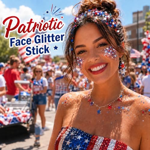 Red White Blue Hair Glitter Stick,4th of July Patriotic America Stripe Star Face Body Glitter,Fourth of July Accessories,Independence Day Waterproof Cheer Glitter Makeup for Women - Image 2
