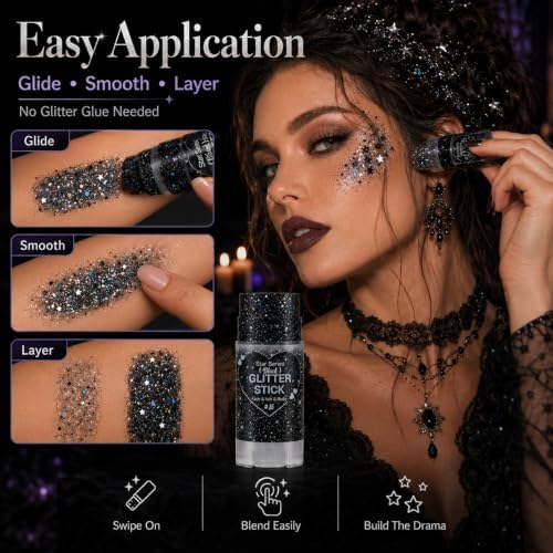 Go Ho Black Glitter Stick,Halloween Hair Face Body Shimmer for Women Kids - Image 3