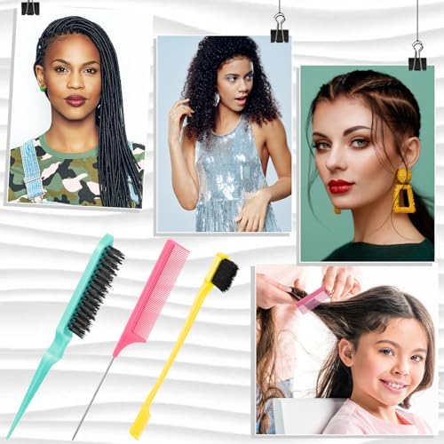 Geiserailie 3 Pcs Slick Back Hair Brush Set Bristle Brush, Yellow,Pink,Cyan - Image 7