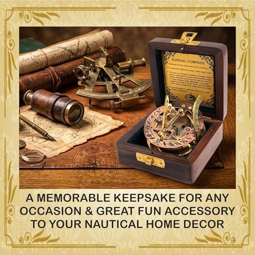 Polished Brass Sundial Compass, Sundial Clock in Wooden Box Gift Sun Clock Ship Replica Watch, Ship Decorations - Image 2
