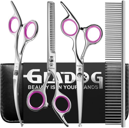 GLADOG Professional 5 in 1 Dog & Cat Grooming Scissors Set with Safety Round Tips, Sharp and Heavy-duty Pet Grooming Shears for Cats (Red) by GLADOG