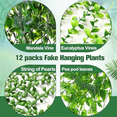 Daifunli 12 Pcs Artificial Hanging Plants Fake Hanging Ferns Plastic Faux Plants for Wall Room Garden Garland Indoor Outdoor Decor No Basket (Eucalyptus,Mandala,String of Pearls,Pea) - Image 4