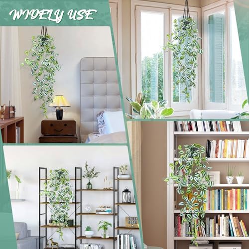 LOYWREE 3 Pack Fake Hanging Plants - Small Potted Plants with Green Eyebrow-Leaf Trailing Vines, Indoor Outdoor Aesthetic Decor for Office, Living Room Shelf & Home Accent (Black Pot) - Image 7