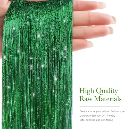Hair Tinsel 8 Packs 1600 Strands 50 Inch Tinsel Hair Extensions Grass Green Heat Resistant Glitter Sparkling Shinny Fairy Hair Accessories for Women(Grass Green, 50Inch) - Image 2