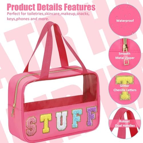 BuyCard Preppy Stuff Bags for Travel, Clear Makeup Bag with Handle Rose Red - Image 3