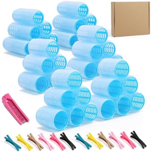 49 Pieces self- rip Hair Rollers Kit, 3 Sizes (0.79, 1.18, 1.57 in), Foldable Comb & 12 Duckbill Clips, Volumizing Curlers for Short/Medium/Long Hair, BLUE or BLACK randomly! by Unknown
