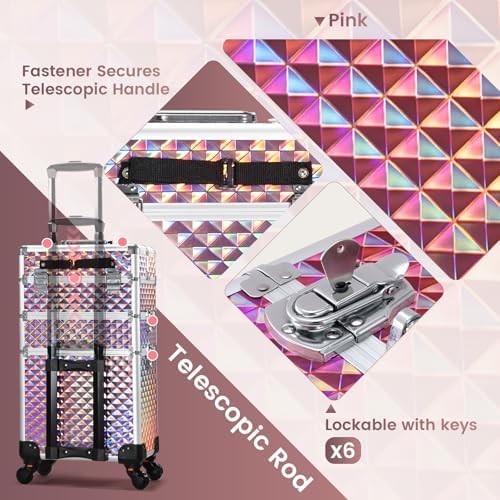 FRENESSA 3 in 1 Rolling Makeup Train Case Cosmetology Case on Wheels Pink - Image 6
