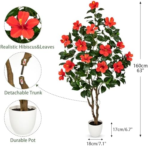 Briful Artificial Hibiscus Tree 5.25ft Tall Real Touch Fake Tree with Red Flowers Potted Faux Plant Indoor Realistic Floor Plants for Front Porch Outdoor Home, Patio Decor - Image 3