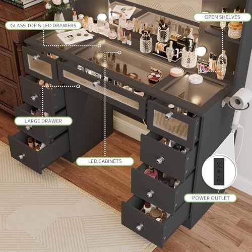 Black Vanity with Lighted 23.5'' Mirror, Makeup Vanity Desk with Glass Top - Image 4