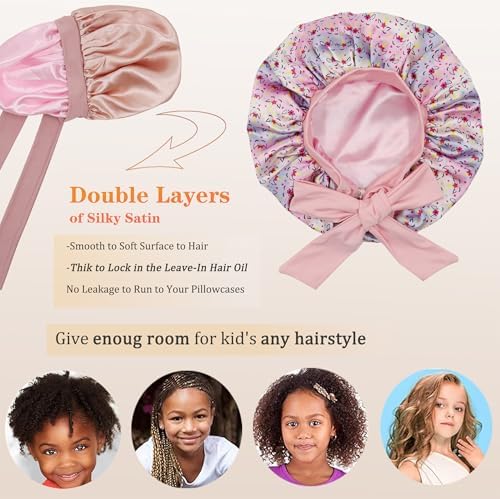 2 PCS Kids Bonnet for Girls Double Layer Silk Satin Bonnet Sleep Cap for Child Curly Natural Hair 3-12Y (pink&&Rainbow pink) - Image 3