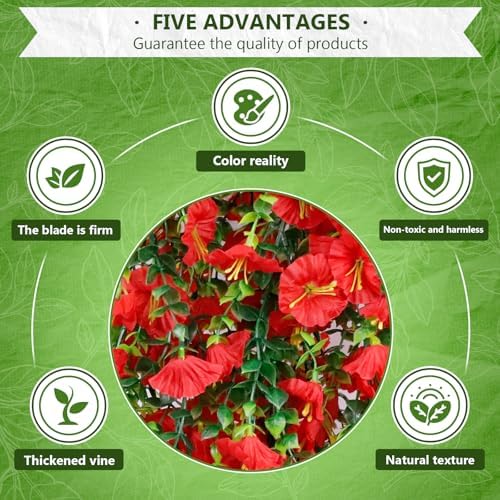 4-Pack Fake Hanging Plants, Faux Hanging Plant Artificial Greenery for Living Room Bedroom Boho Wall Shelf Indoor Outdoor Decor (Red Morning Glory) - Image 6