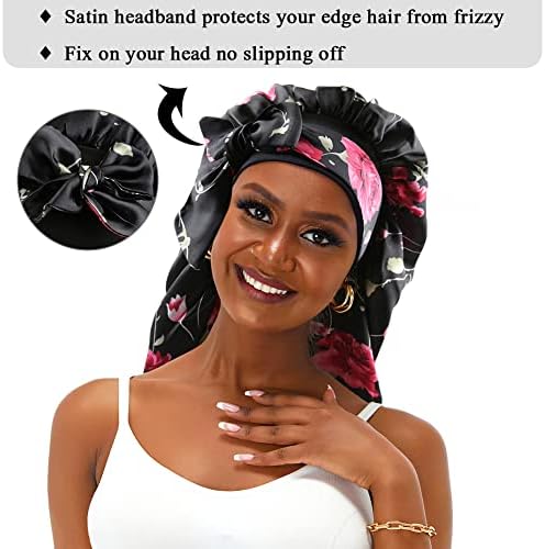 Extra Large Satin Bonnet Sleep Cap for Women, Double-Layer Silky Hair Bonnet with Tie Band for Braids/Curly/Long Hair - Black Floral - Image 4