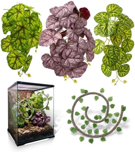 5 Pcs Reptile Plants & Habitat Decor Kit - 3 Artificial Plants & Large 5ft Jungle Vine Branch, Terrarium Tank Decor & Climbing Accessories for Gecko (Lime Heuchera, Purple Heuchera, Vein Begonia) by FuntinshdyBrand