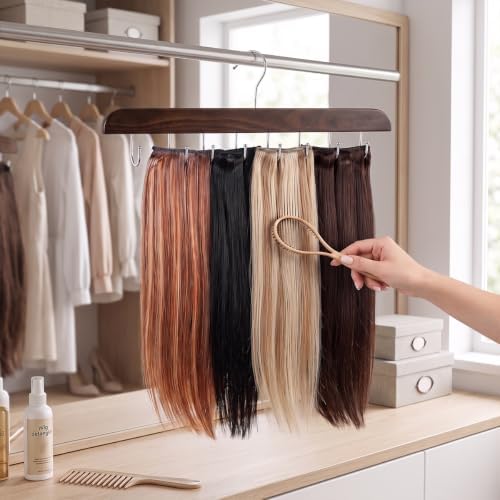 Hair Extension Holder for Hair Storing, Washing, Drying, Coloring, Styling, Foldable Hair Extension Hanger, Braiding Hair Rack, Rotating Multi-Purpose Hooks Hanger (2Pack Walnut Color) - Image 5