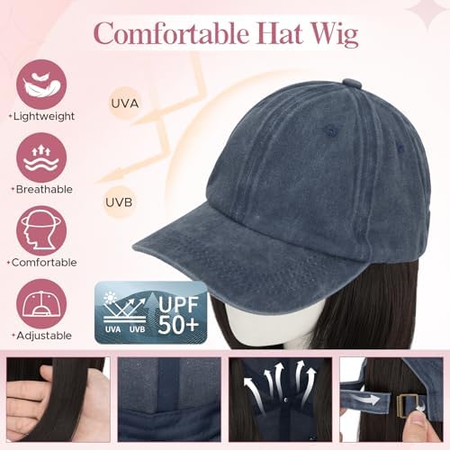 SEGO Unisex Vintage Baseball Cap with Hair Extensions for Women Synthetic Hair Attached Short Straight Hairpiece Denim Blue Baseball Cap Wig Adjustable Hat Wigs for Women 6 Inch 4A Black Brown - Image 2