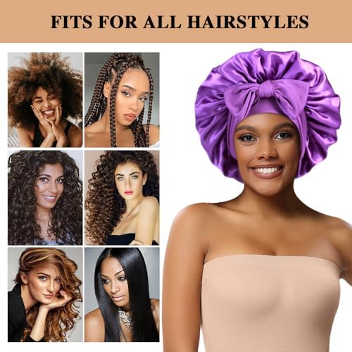 2+3 Large Satin Bonnets with Scrunchies for Women, Hair Bonnet Sleeping Tie Bonnet for Braids Curly Hair - Image 4