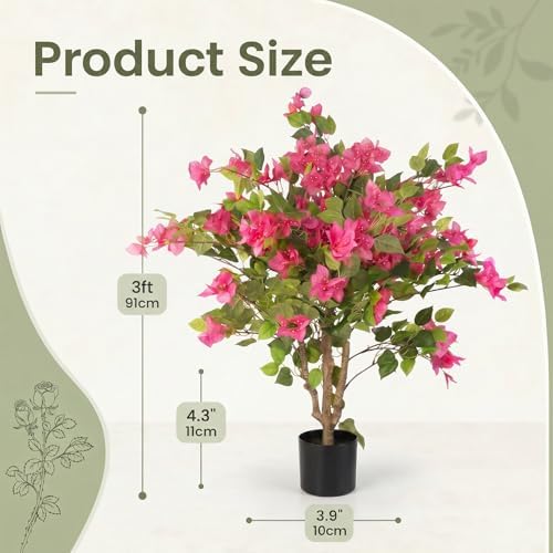 3FT Artificial Bougainvillea Tree, Faux Bougainvillea for Indoor Outdoor Decor, Lifelike Bougainvillea Artificial Flowers Plant for Outdoors, Front Porch, Entryway, Office & Living Room - Image 2