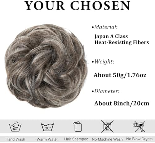 CJL HAIR Large Messy Bun Hair Piece Wavy Curly Scrunchies Synthetic Chignon Ponytail Hair Extensions Thick Updo Hairpieces for Women Ash Grey - Image 2