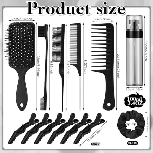 15 Pcs Slick Back Hair Brush Set, Bristle Comb with Spray Bottle,Hair Clip,Edge Brush for Women, Men (Black) - Image 4