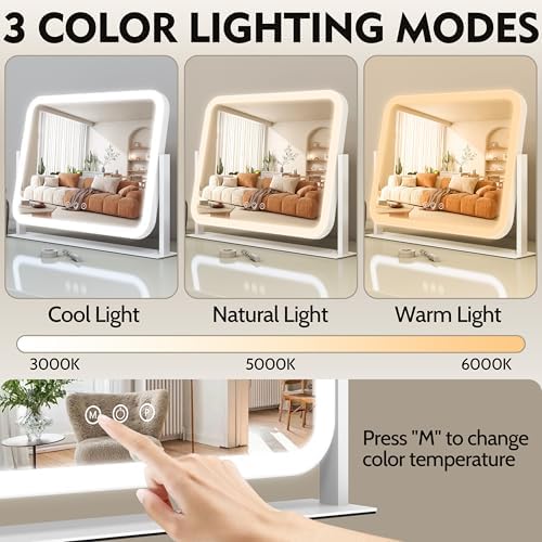 ROLOVE Lighted Makeup Mirror, 17"x13" Vanity Mirror with Lights, 10X Magnification, Gifts for Women, 3 Color Lighting Modes, Smart Touch Control, 360° Rotation for Bedroom or Tabletop (White) - Image 4