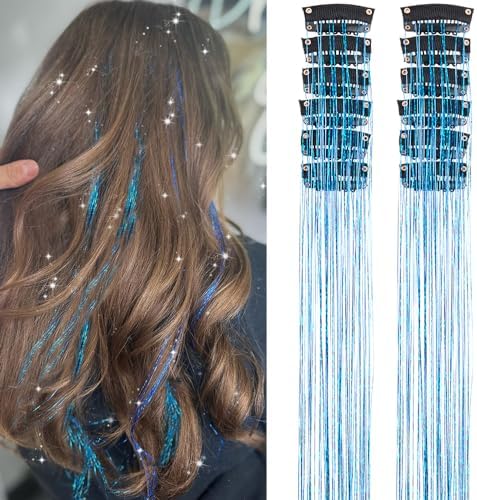 Sky Blue Fairy Hair Tinsel Kit Pack of 12 Pcs Clip in Hair Tinsel Kit 20 Inch Glitter Blue Tinsel Hair Extensions Festival Gift Tinsel Fairy Hair Extension Party Dazzle Hair (12Pcs,Sky Blue#) by Umylar