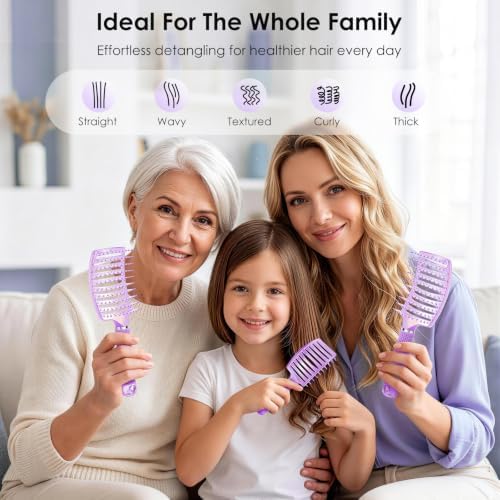 Hair Brush Set, Large & Small Curved Vented Hair Brushes for Women Men Kids, Home & Travel Use, Fast Blow Drying Detangler Brush, Pain-Free Scalp Massage for Thick Curly Fine Wet Dry Hair (Purple) - Image 7