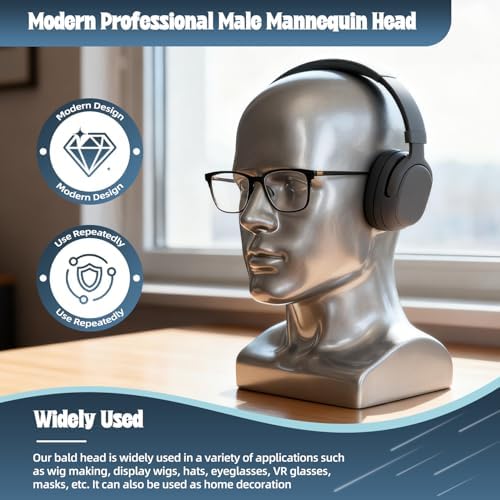Male Mannequin Head with Stand – Realistic Wig Display Model for Hats, Scarves, Glasses & Hair Styling – Durable Male Head Display for Salon, Store or Home Decor (Gold) - Image 2