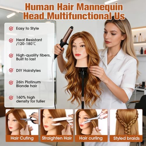 80% Human Hair Mannequin Head,26''Golden Brown Real Hair Mannequin Head,Cosmetology Manikin Head Doll Hair Styling Hairdressing Practice Training Wig Head with Clamp Holder and Tools - Image 2