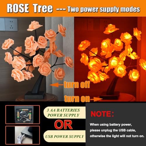 24 LED Orange Rose Tree Light, Artificial Bonsai Flower Table Lamp, USB Battery Powered Romantic Night Light for Bedroom Living Room Party Wedding, Valentine’s Day Mother’s Day for Her - Image 3