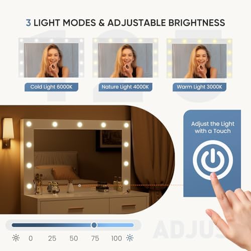 DUMOS 35" Large Vanity Desk with 11 LED Bulbs Mirror & Charging Station - Image 4