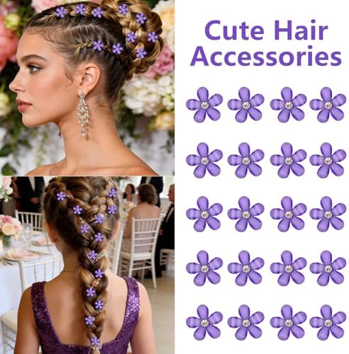YISSION 20Pcs Mini Dark Purple Plaid Flower Hair Clips, Rhinestone Decorative Hair Pins for Women and Girls Wedding Bridal Prom Daily Hairstyle Accessories - Image 3