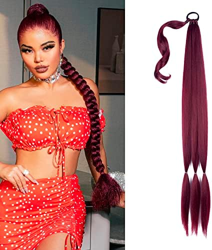 34 Inch Burgundy Long Braided Ponytail Extension with Hair Tie for Women by LyoRuSi